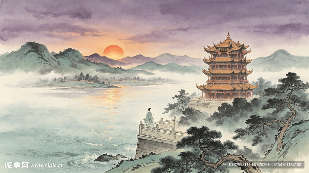 古楼旭日山水国画