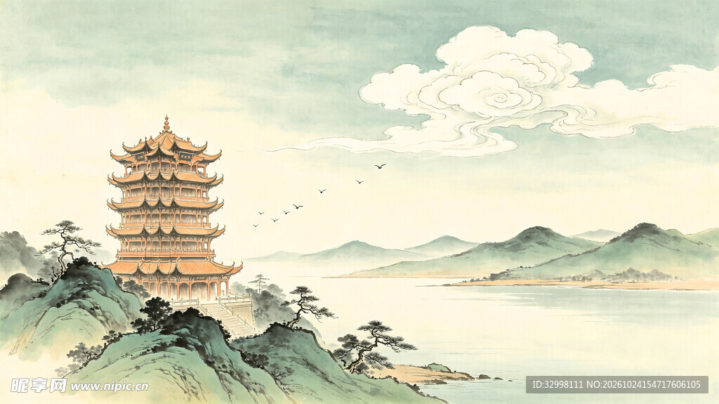 黄鹤楼国风山水国画