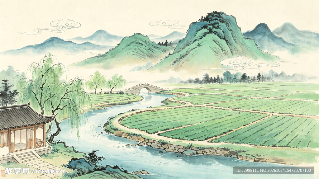 青绿国风田园山水图