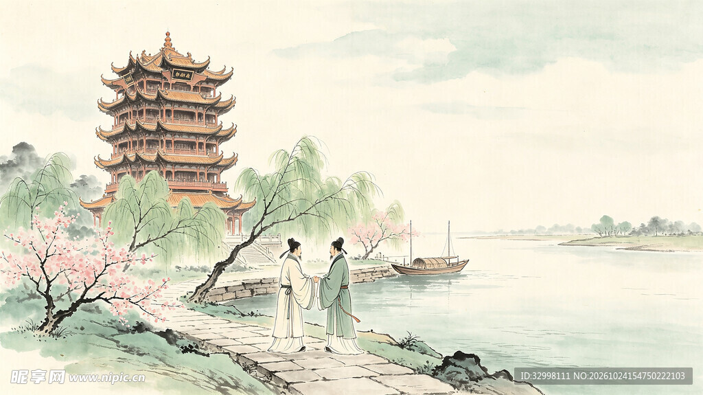 黄鹤楼江畔观景古画