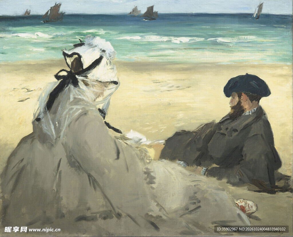 海滩观海人物油画