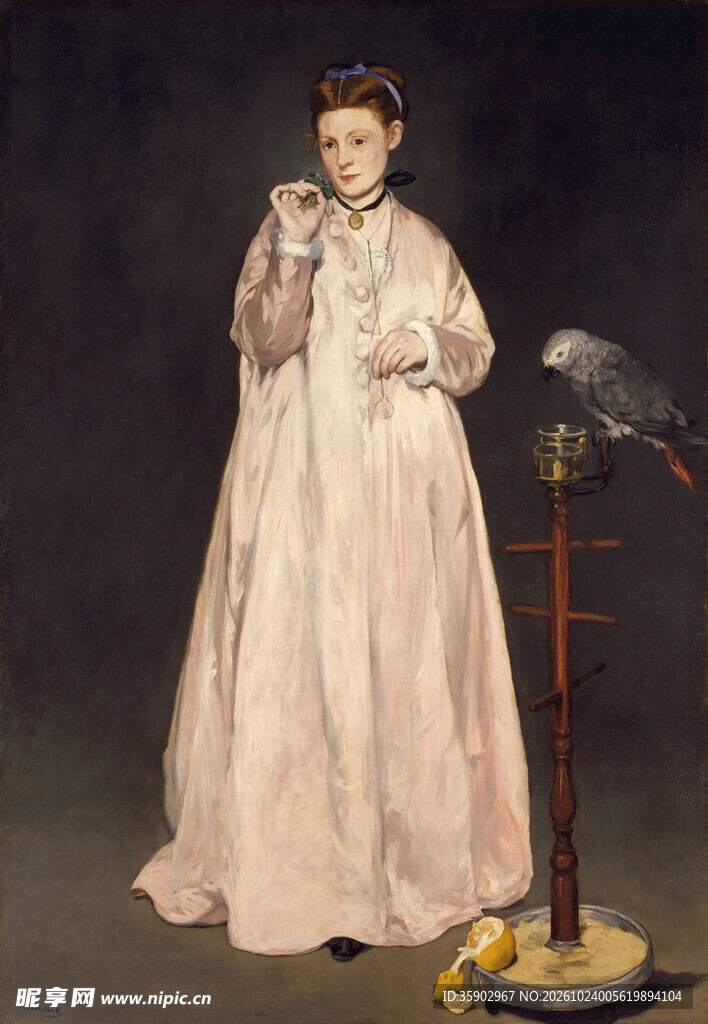 白衣女士与鹦鹉油画
