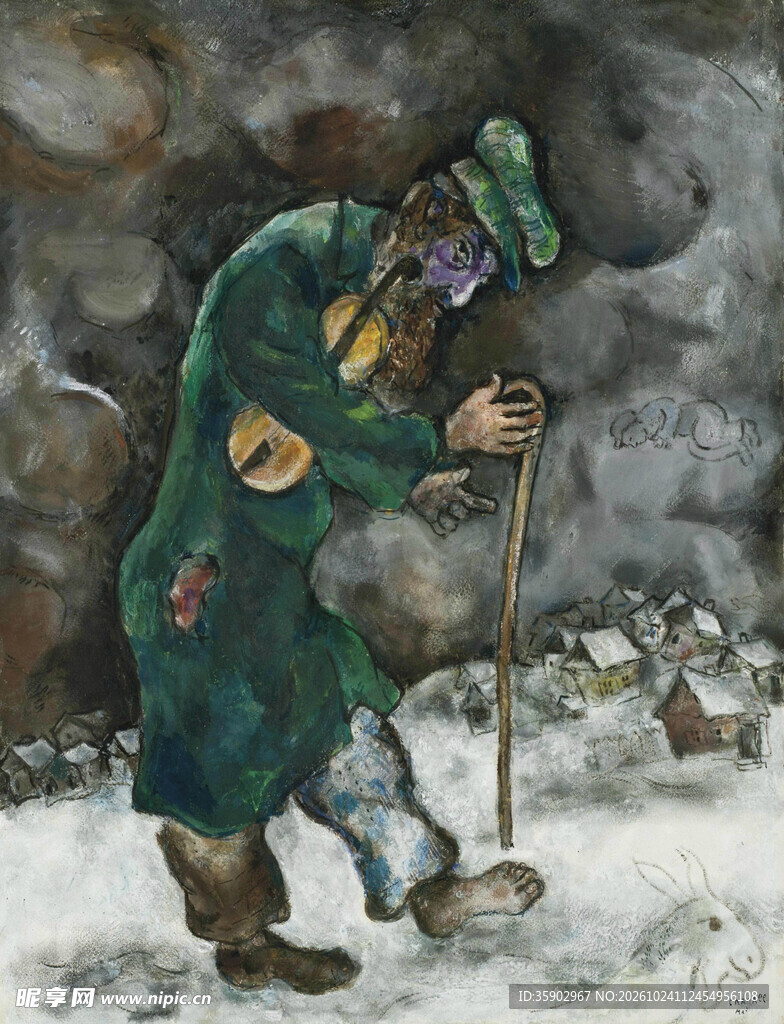 雪中拄拐流浪老人油画