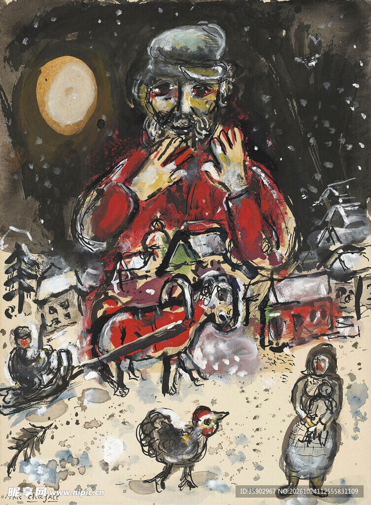 雪夜吹笛老者抽象画