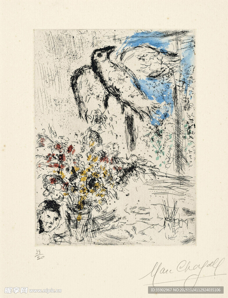 抽象飞鸟花卉版画