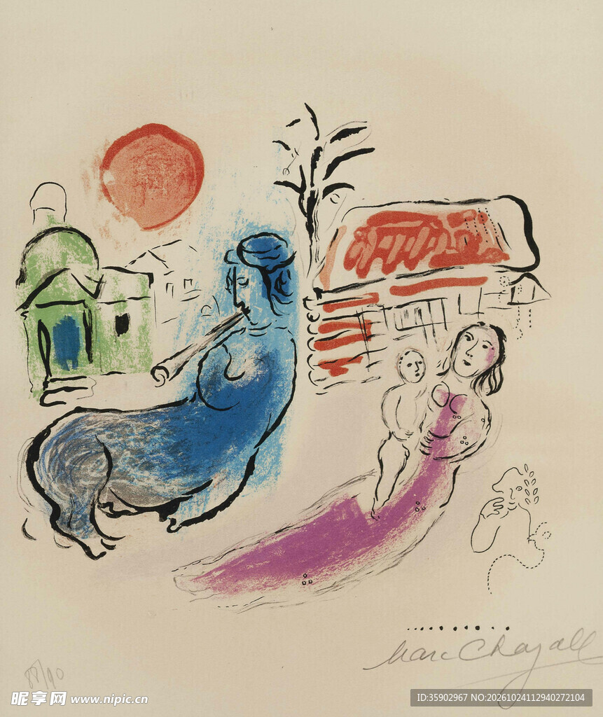 田园吹笛写意插画