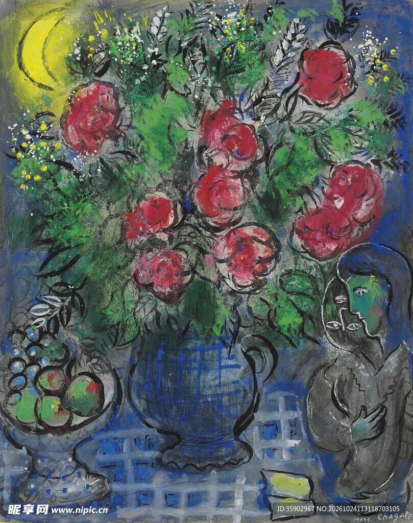 月夜红花静物油画