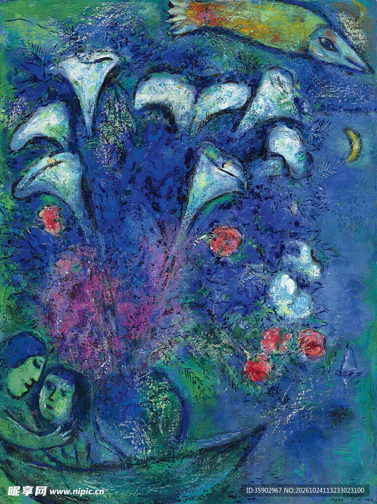 梦幻蓝调花卉油画