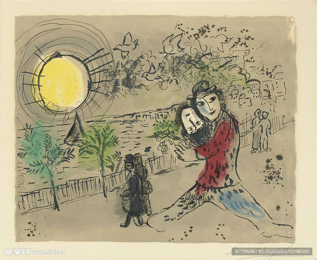 月夜母子写意版画