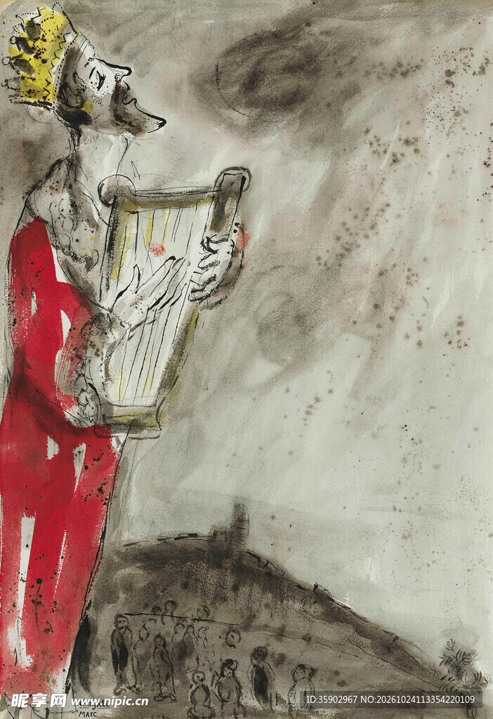 古典竖琴人物复古插画