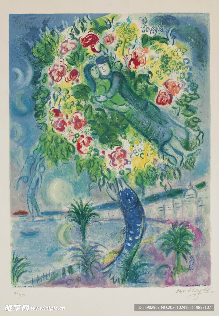 花树风景印象派版画