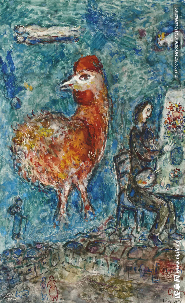 公鸡与人物抽象油画