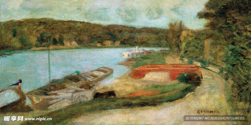 河畔泊船风景油画