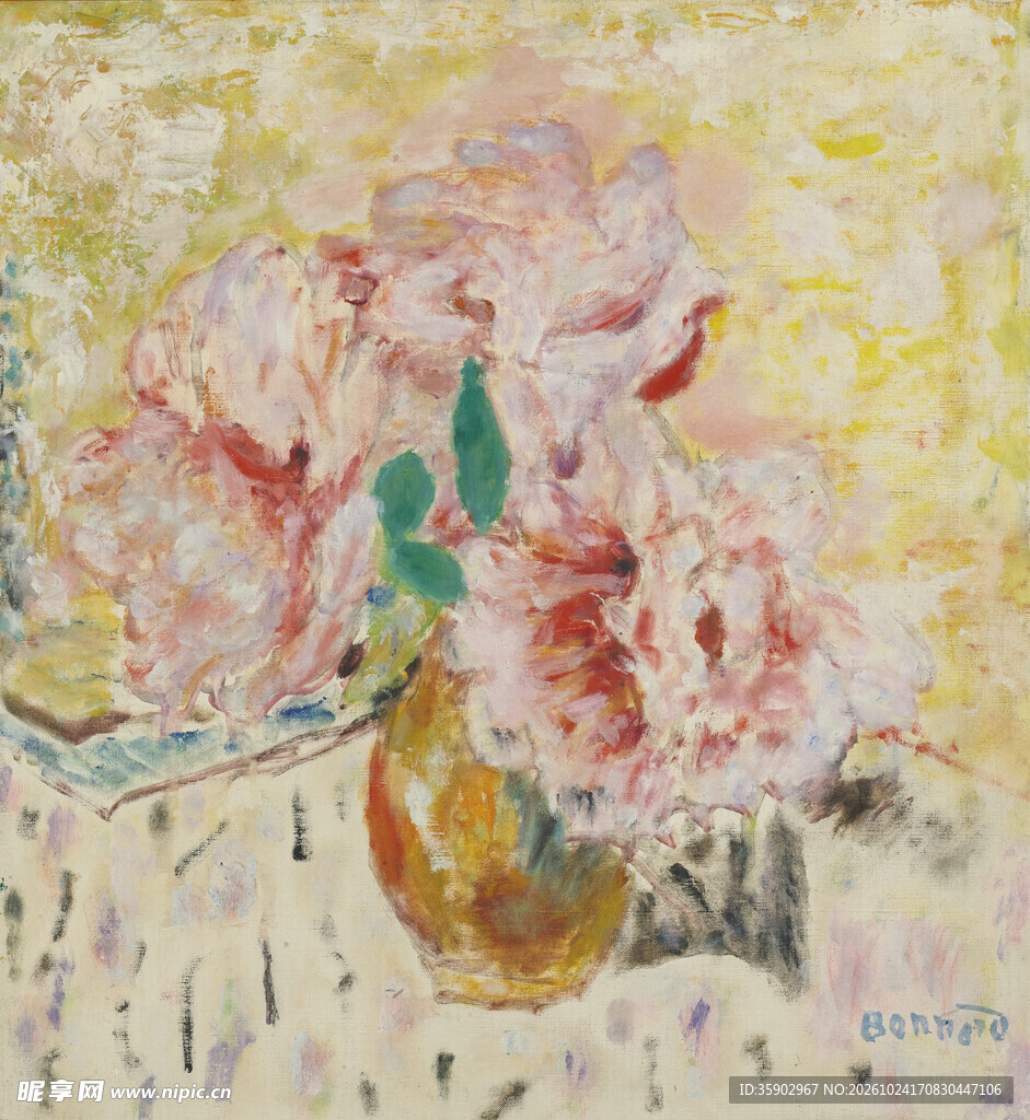 瓶中粉花静物油画