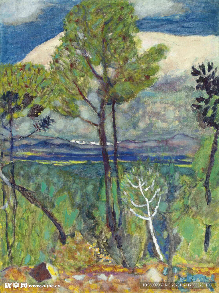 湖畔松林风景油画