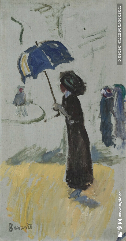 雨天撑伞女子油画