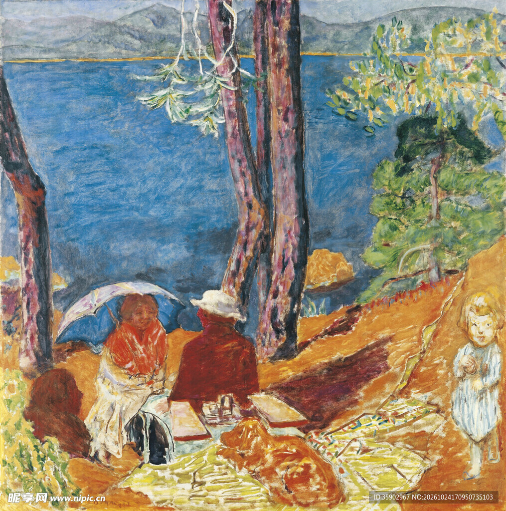 湖边野餐风景油画