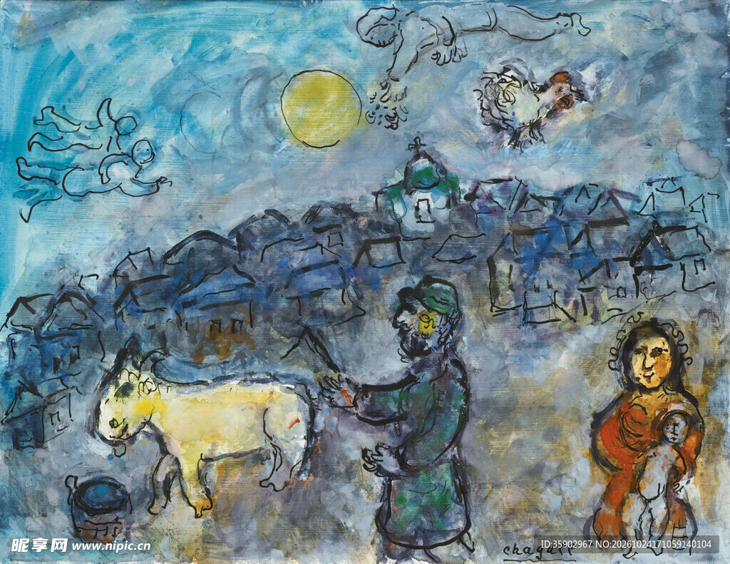 乡村月夜风情油画