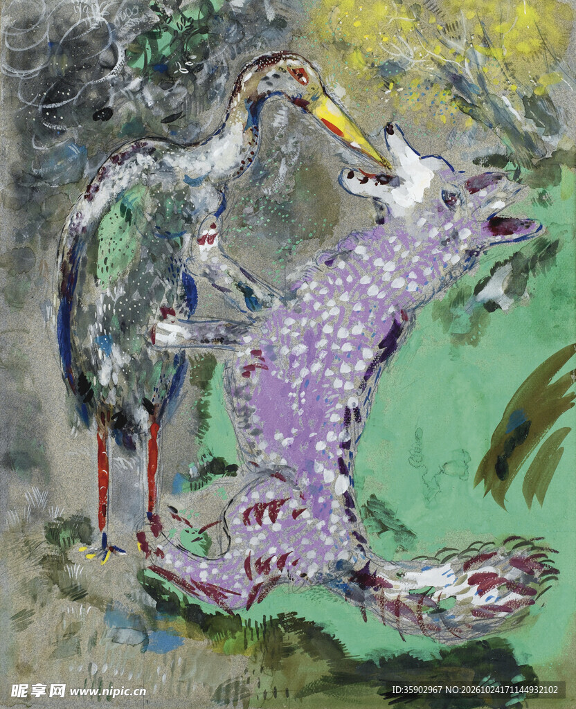 鹤鹿同春彩绘装饰画