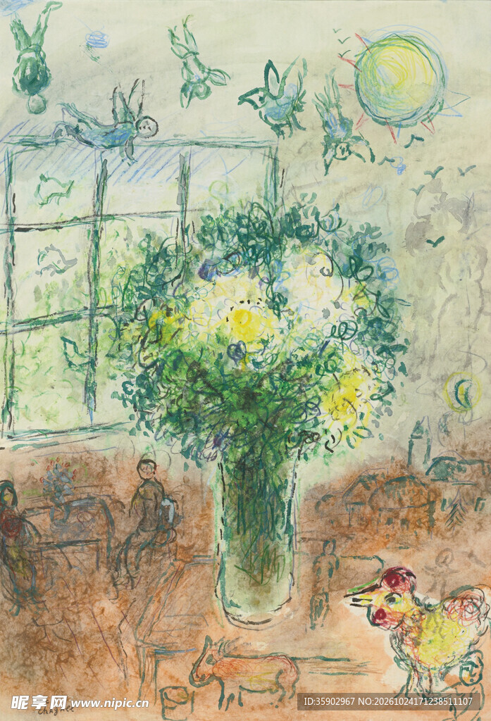 窗边瓶花印象点彩画