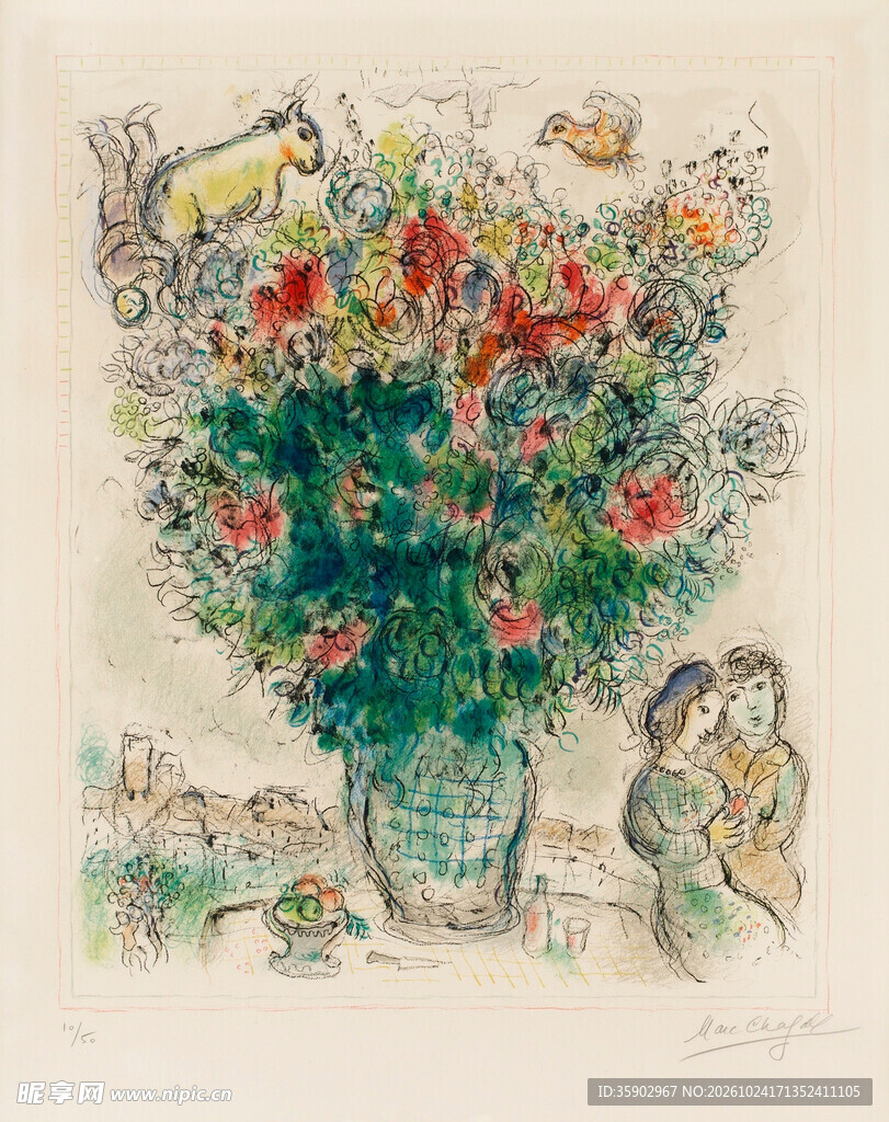 瓶花人物装饰版画