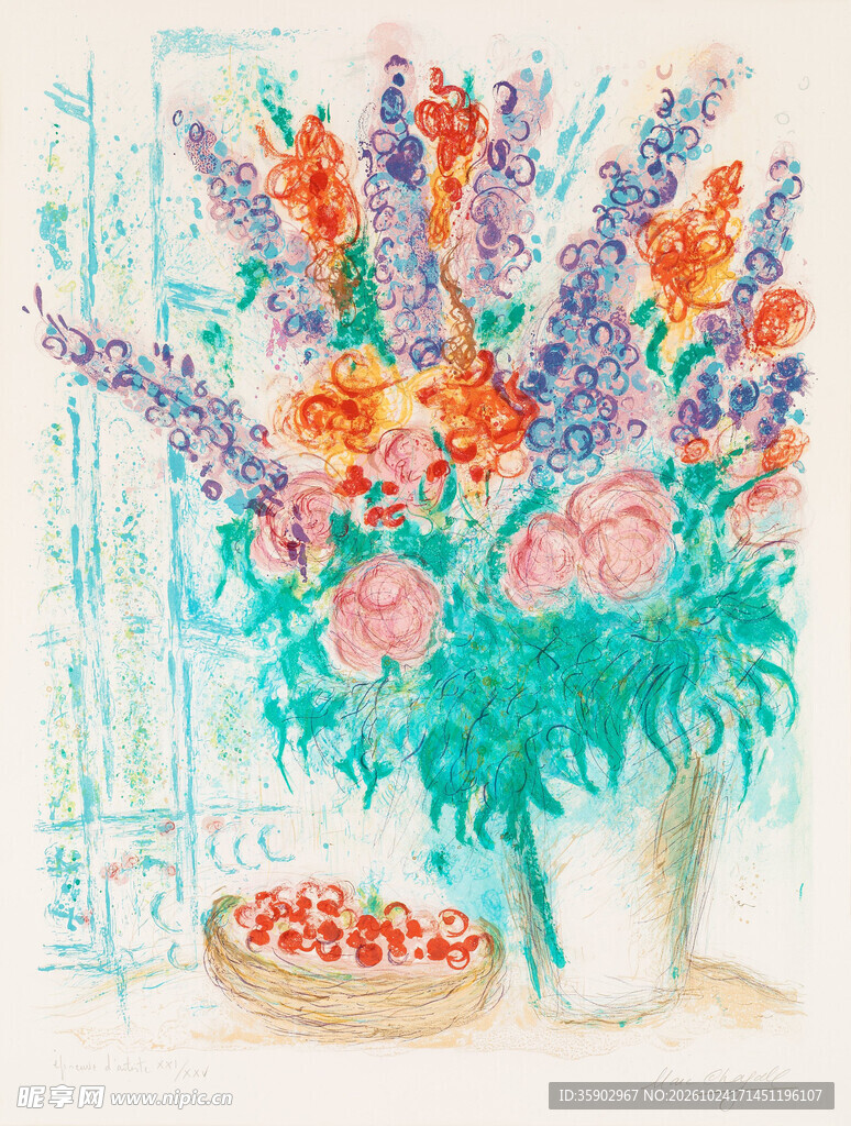 窗边瓶花静物水彩画