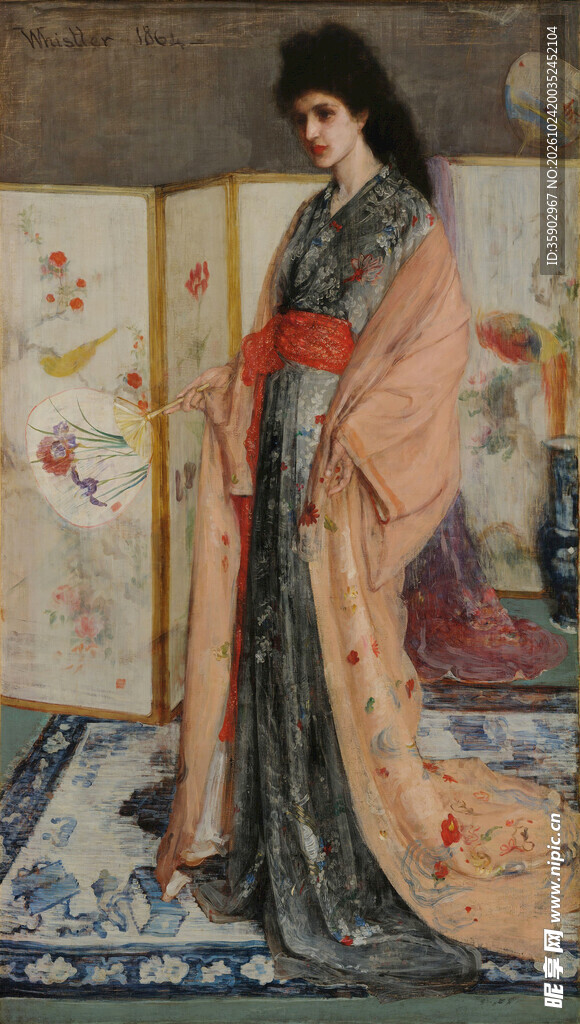 古典和服女子肖像油画