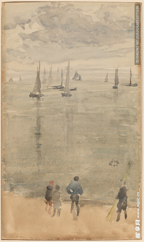 雾色海滨帆船风景油画