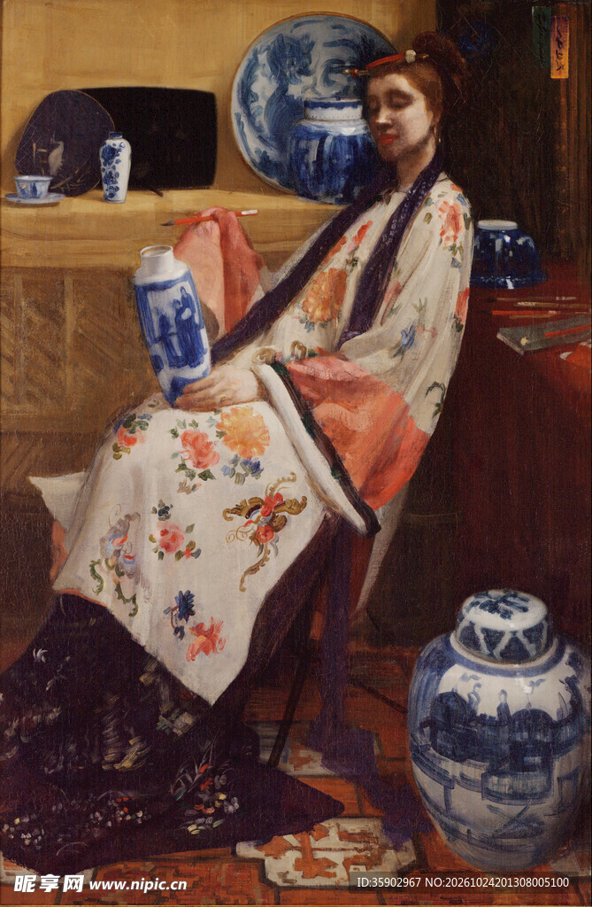 和服女子与青花瓷油画
