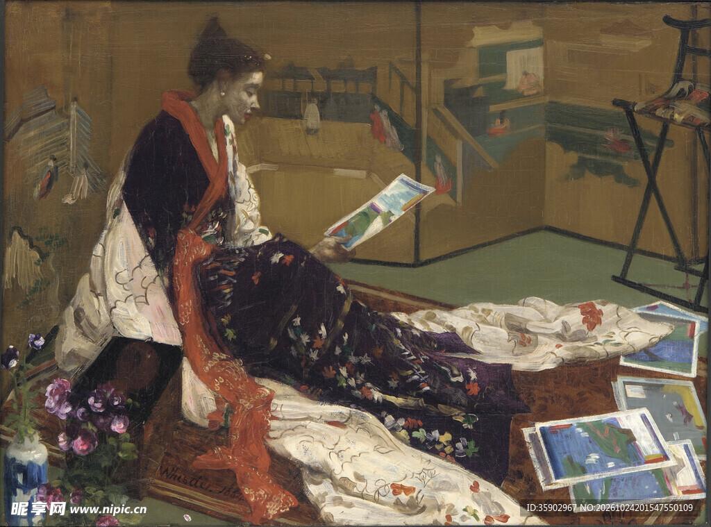 和服仕女赏画古典油画