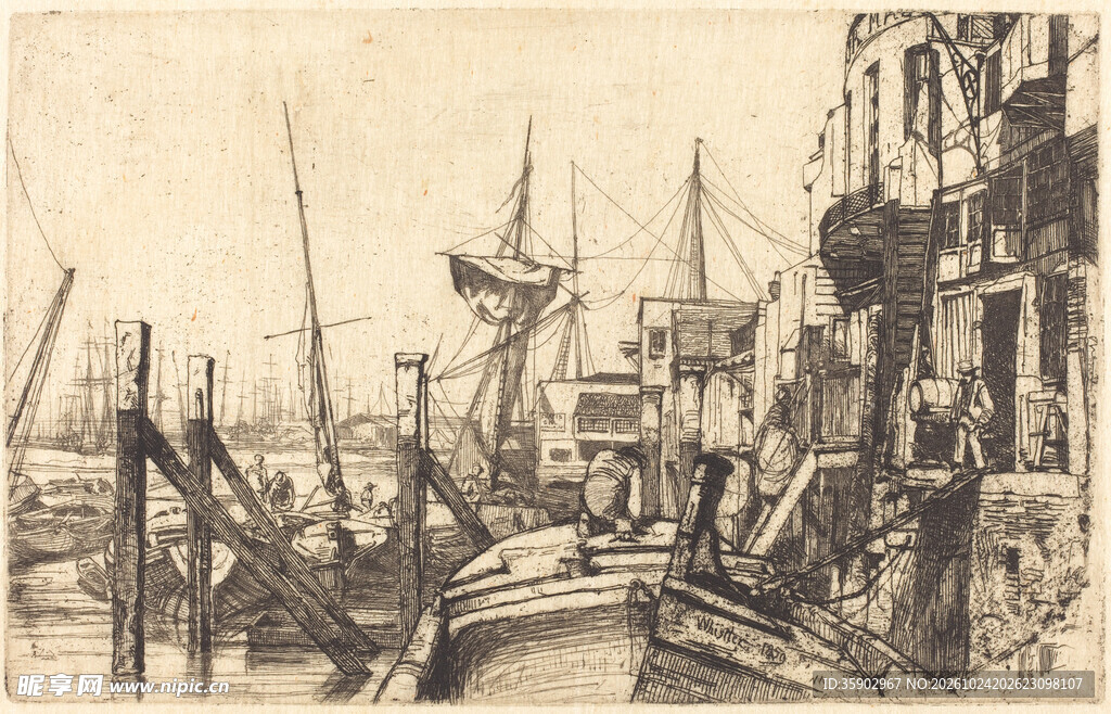 复古海港风景版画