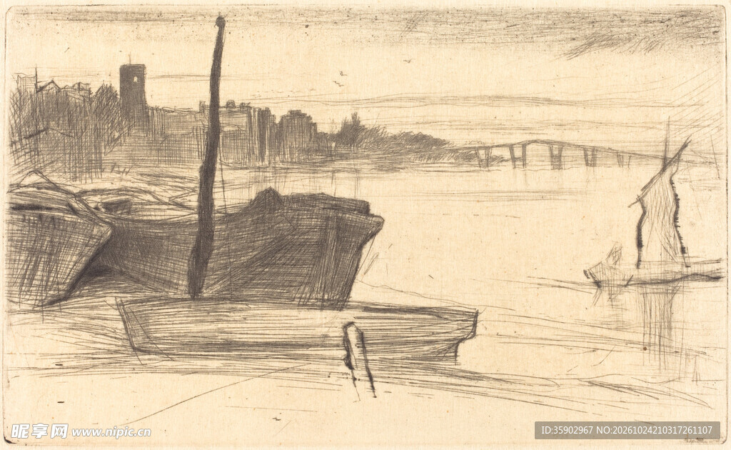 河畔古船复古风景素描