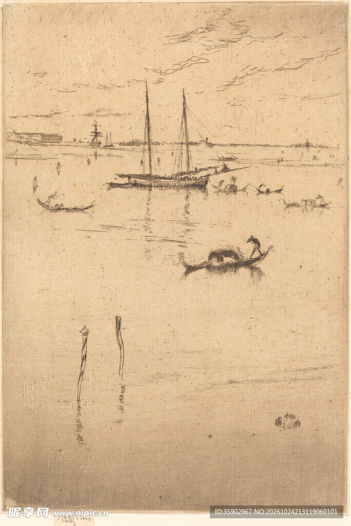 复古素描湖面行舟