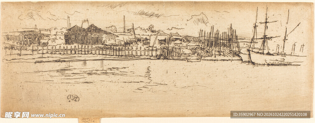 复古海港风景版画