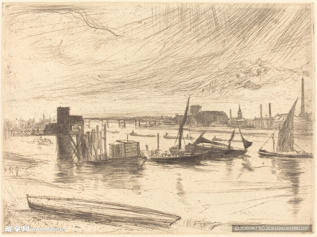 复古河港风景版画