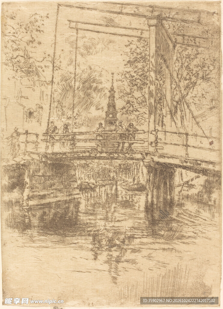 复古素描水乡古桥风景