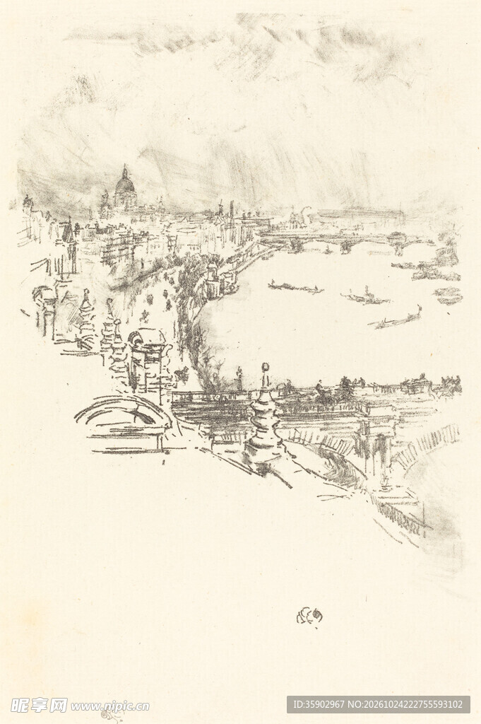 复古河畔城镇素描风景