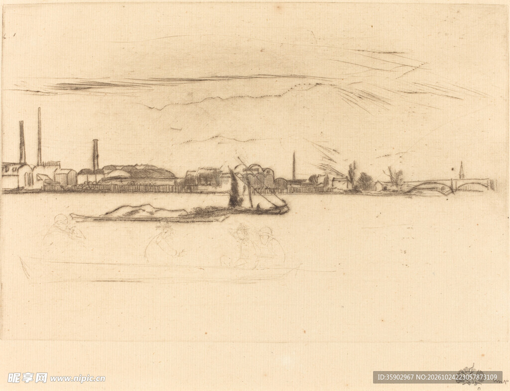 复古河畔工业风景版画