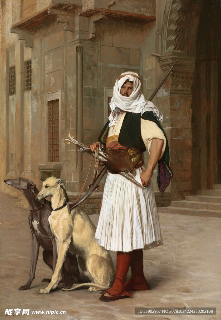 阿拉伯猎人与猎犬油画