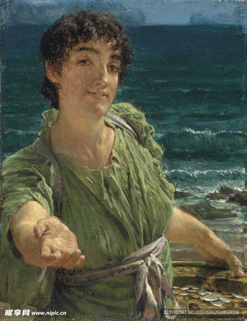 海边绿衣女子古典油画