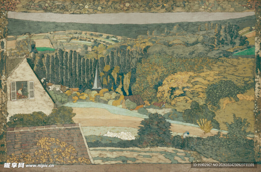 乡村河畔风景油画