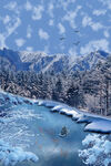 冬日河畔雪山雪景