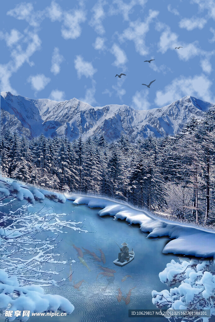 冬日河畔雪山雪景