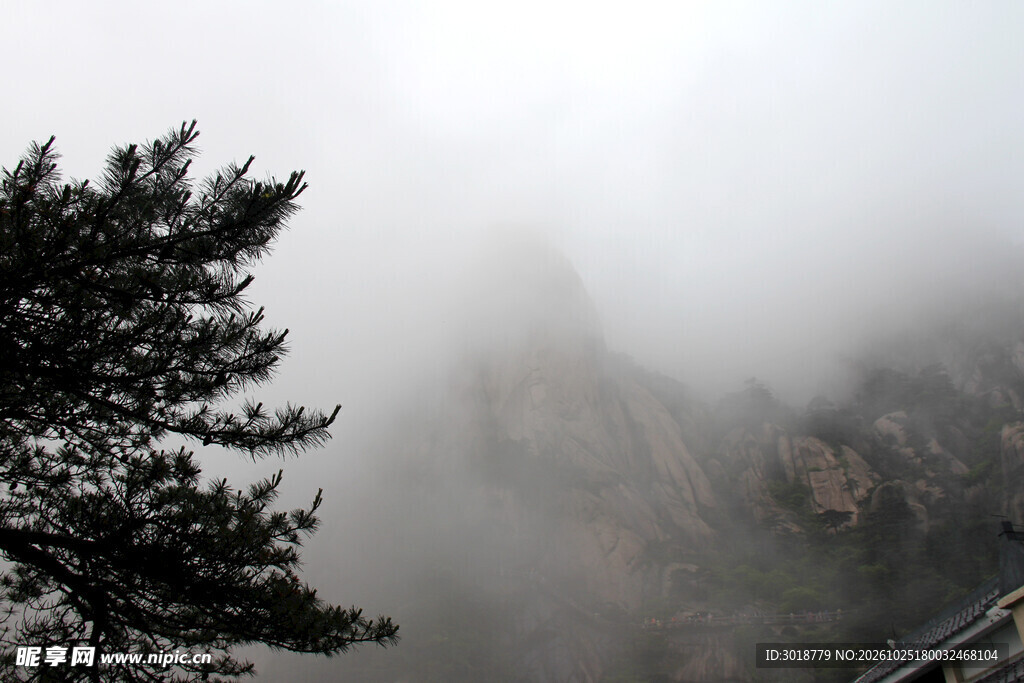 雾中朦胧山景