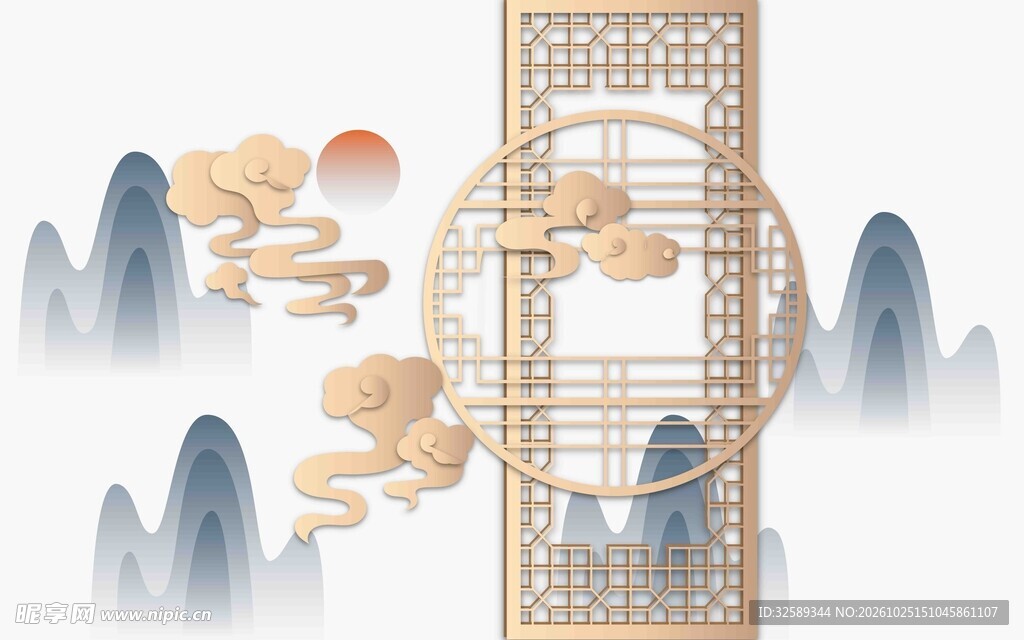 中式山水窗棂插画