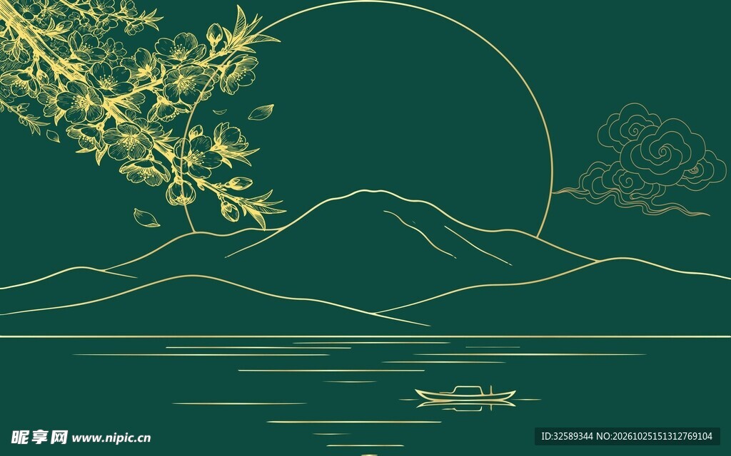 国风青绿山水意境插画