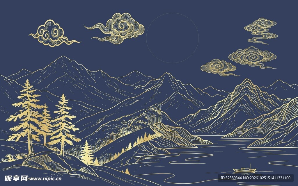 蓝底金线中式山水纹样