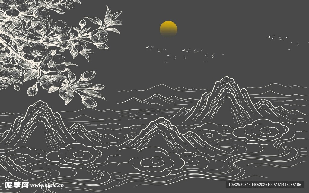 国风线描月夜山水图