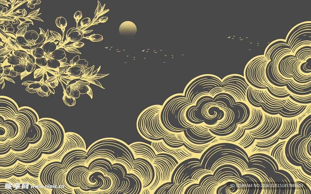 鎏金祥云月夜国风纹样