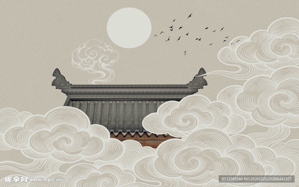 月夜古檐祥云国风插画
